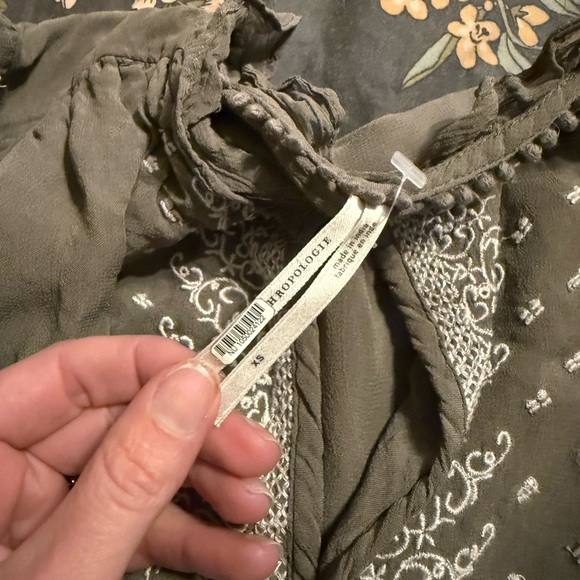 Anthropologie Olive Green Smocked Peasant Blouse with White Embroidery - Picture 3 of 3